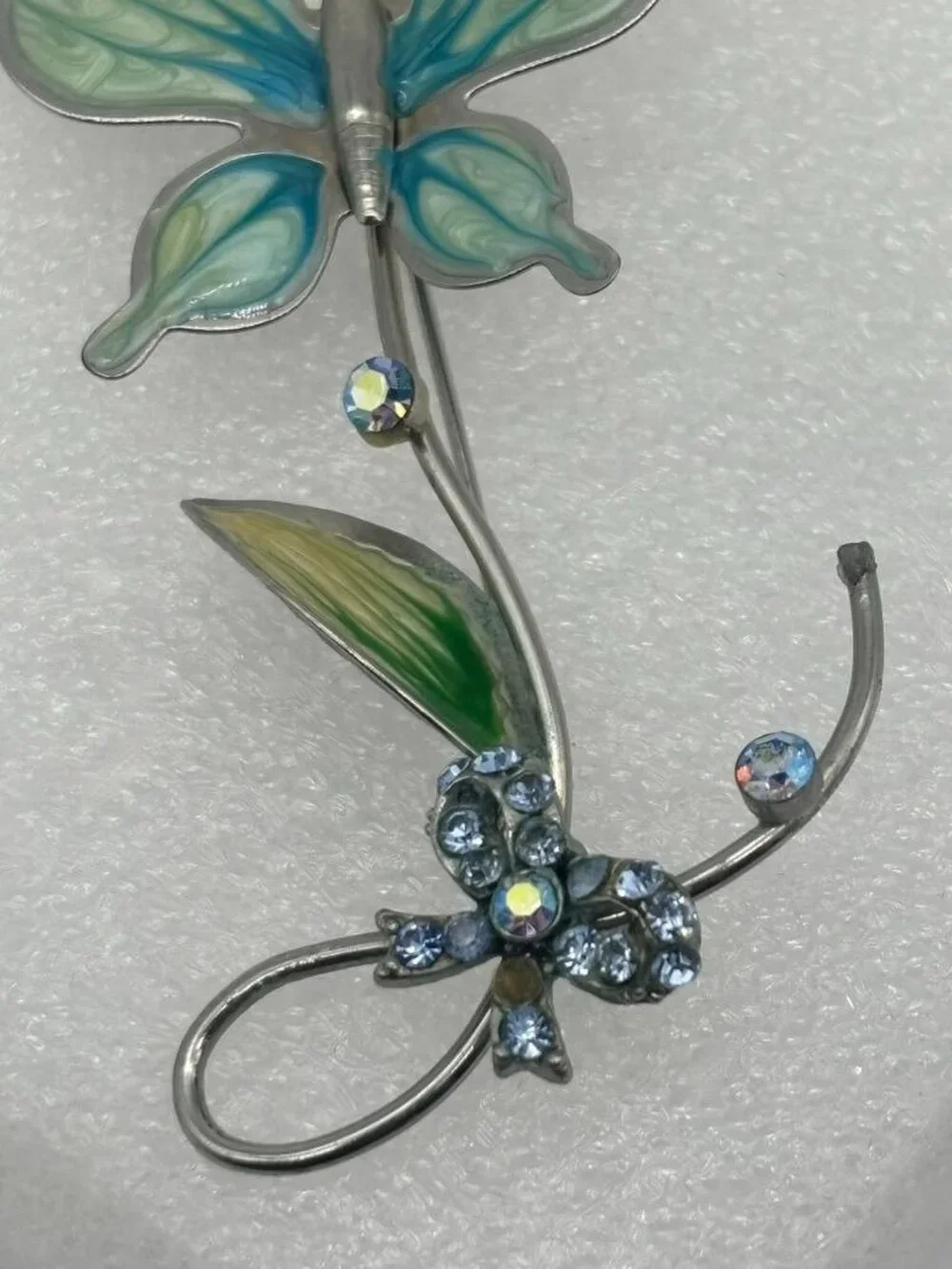 Vintage Cold Enamel Mesh Butterfly Brooch AB Rhinestone Bow Rhodium Plated 1950s